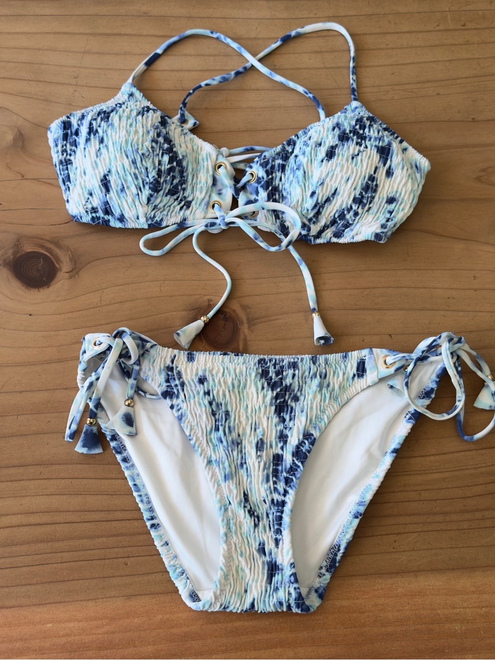 Victoria's Secret Blue and White Smocked Lace-Up Bikini